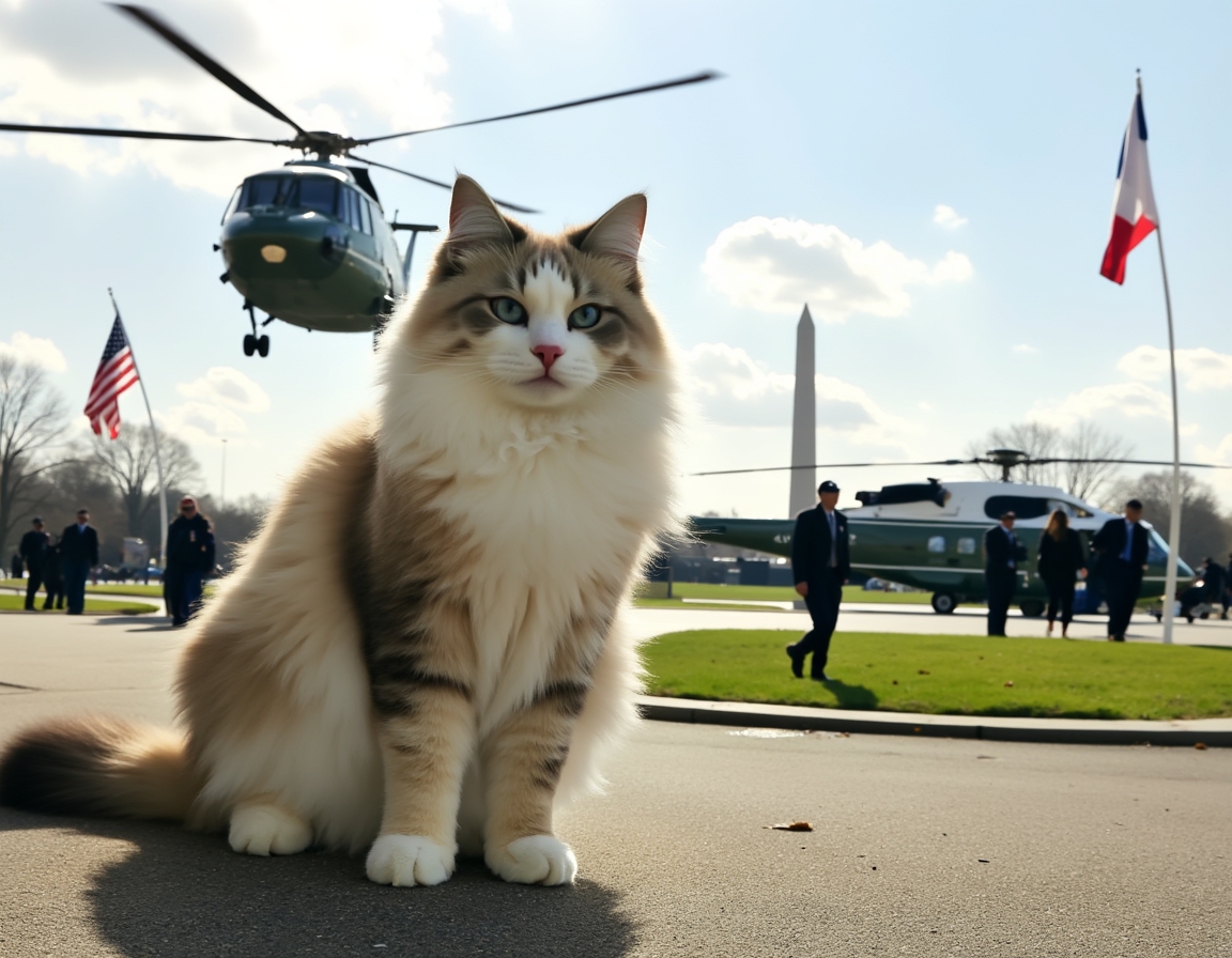 Cat braves the rotor wash beside Marine One, capturing a thrilling presidential travel send-off.